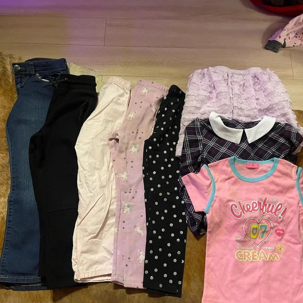 Lot Of 10 girls Jeans Leggings skirt Dress Backpack Shirts size 5-7 Years Cotton